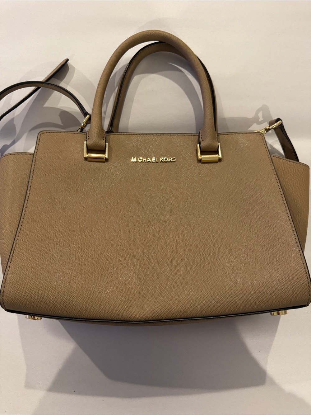 Michael Kors Taupe Saffiano Leather Satchel with Gold Hardware